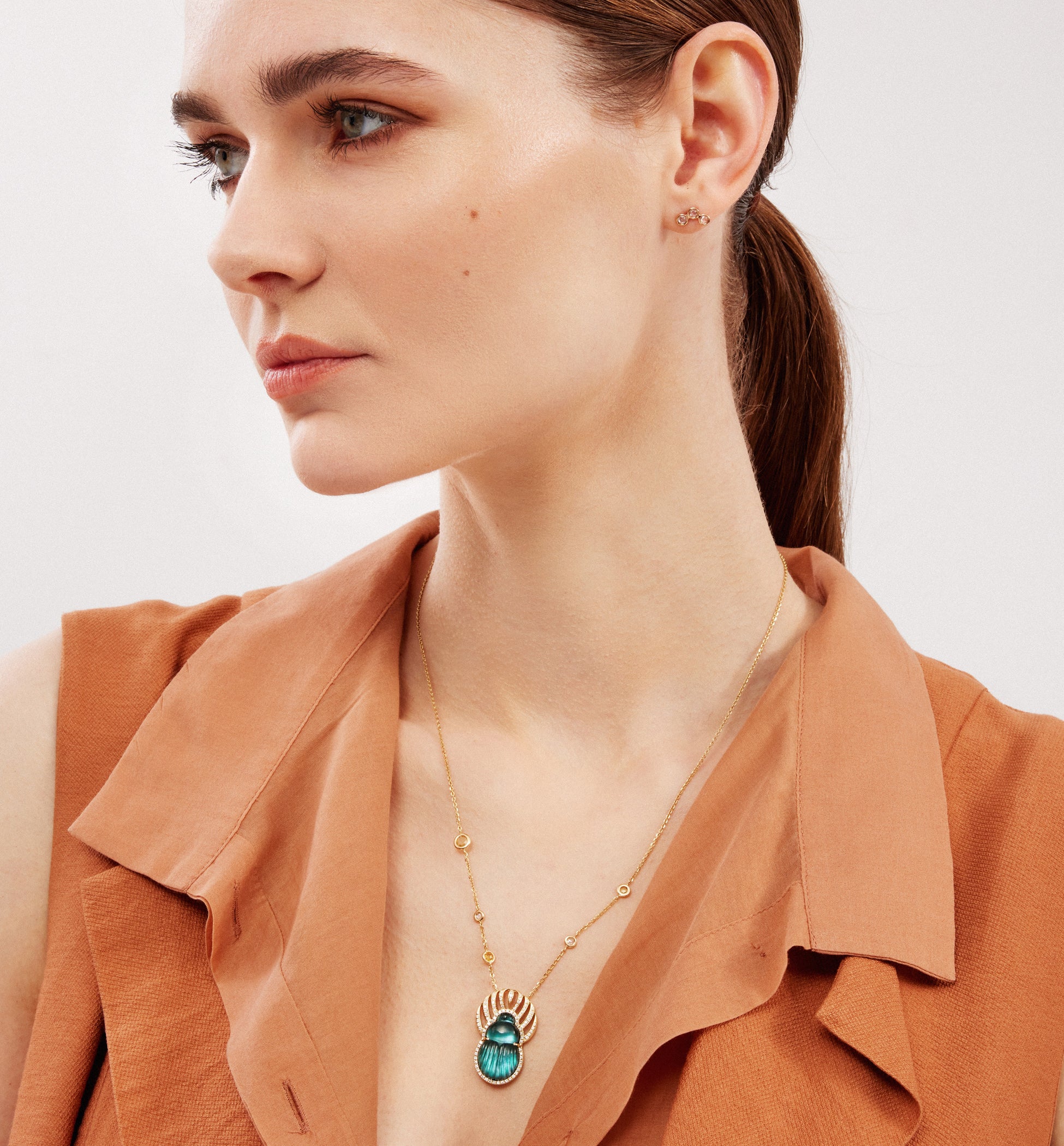 Chalcedony Carnella Scarab Necklace in Yellow Gold