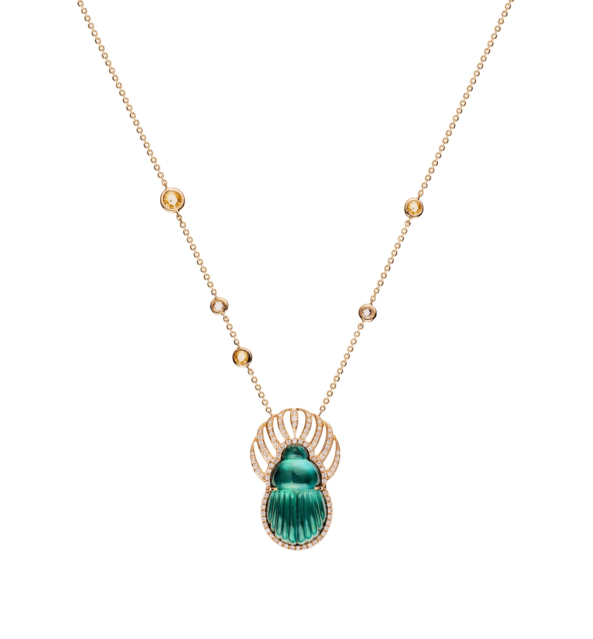 Chalcedony Carnella Scarab Necklace in Yellow Gold