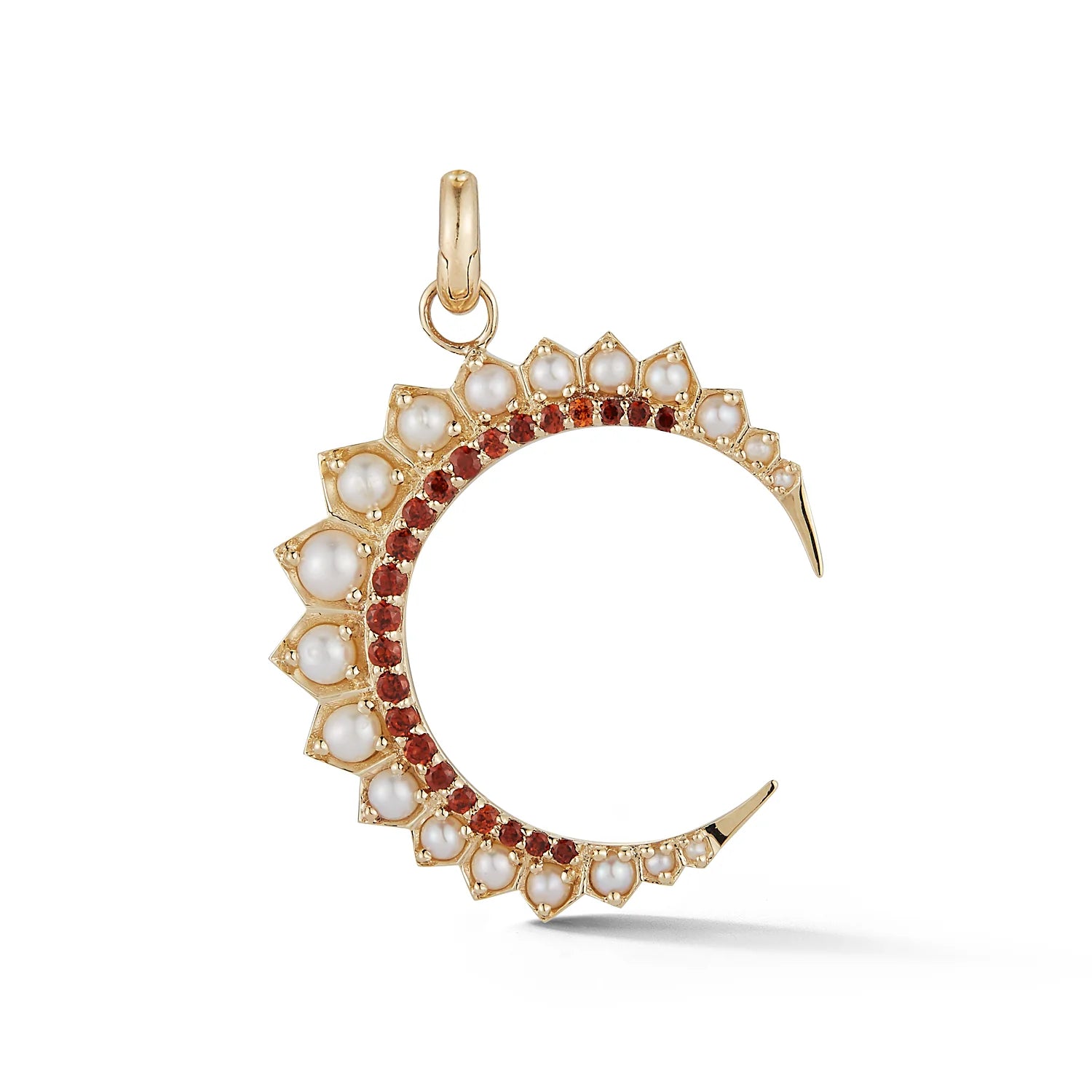 White Pearl and Garnet Estelle Crescent Charm in Yellow Gold