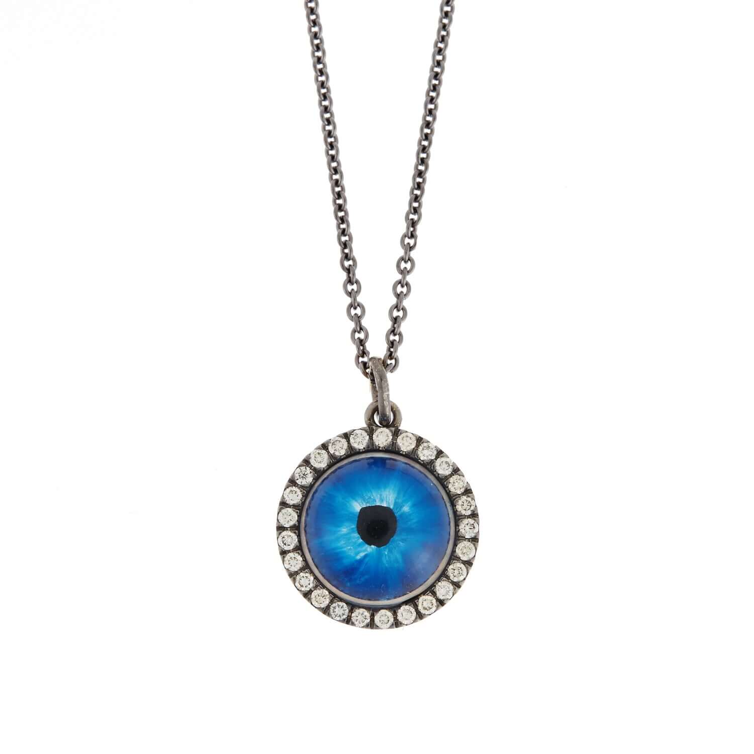 Champagne Diamond Deep Blue Eye Necklace in Blackened White Gold