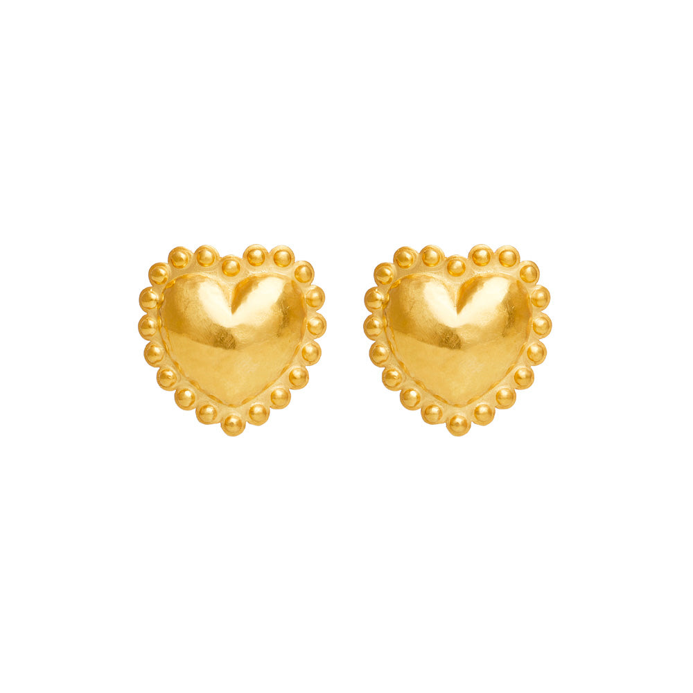 A pair of Christina Alexiou Circle Heart Stud Earrings with a yellow gold circle border.