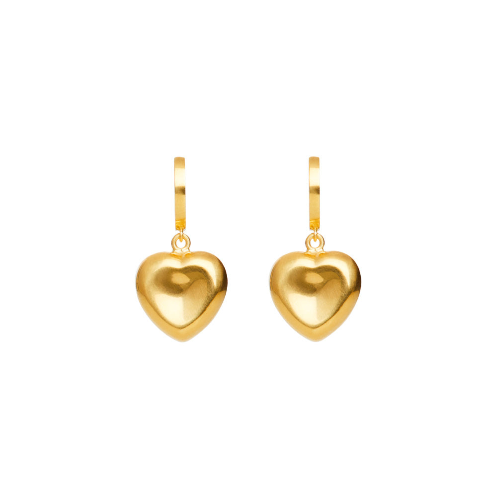Handmade Agape Heart Drop Earrings with a satin finish on a white background from Christina Alexiou.