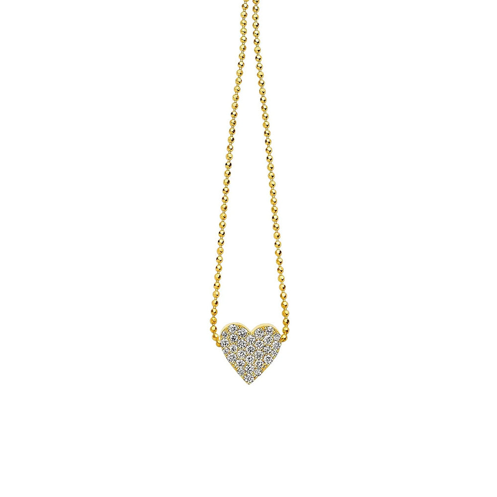 A Cadar Endless Heart Necklace adorned with white diamonds on a chain.