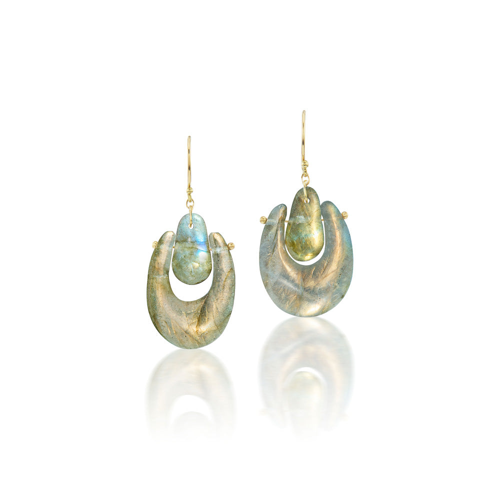 A pair of O'Keefe earrings by Ten Thousand Things, featuring stunning labradorite stones, set in gleaming yellow gold.