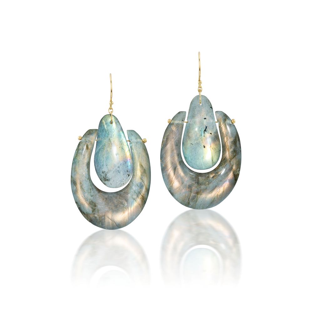 A pair of Ten Thousand Things O'Keefe Large Labradorite Earrings, placed on a white surface.