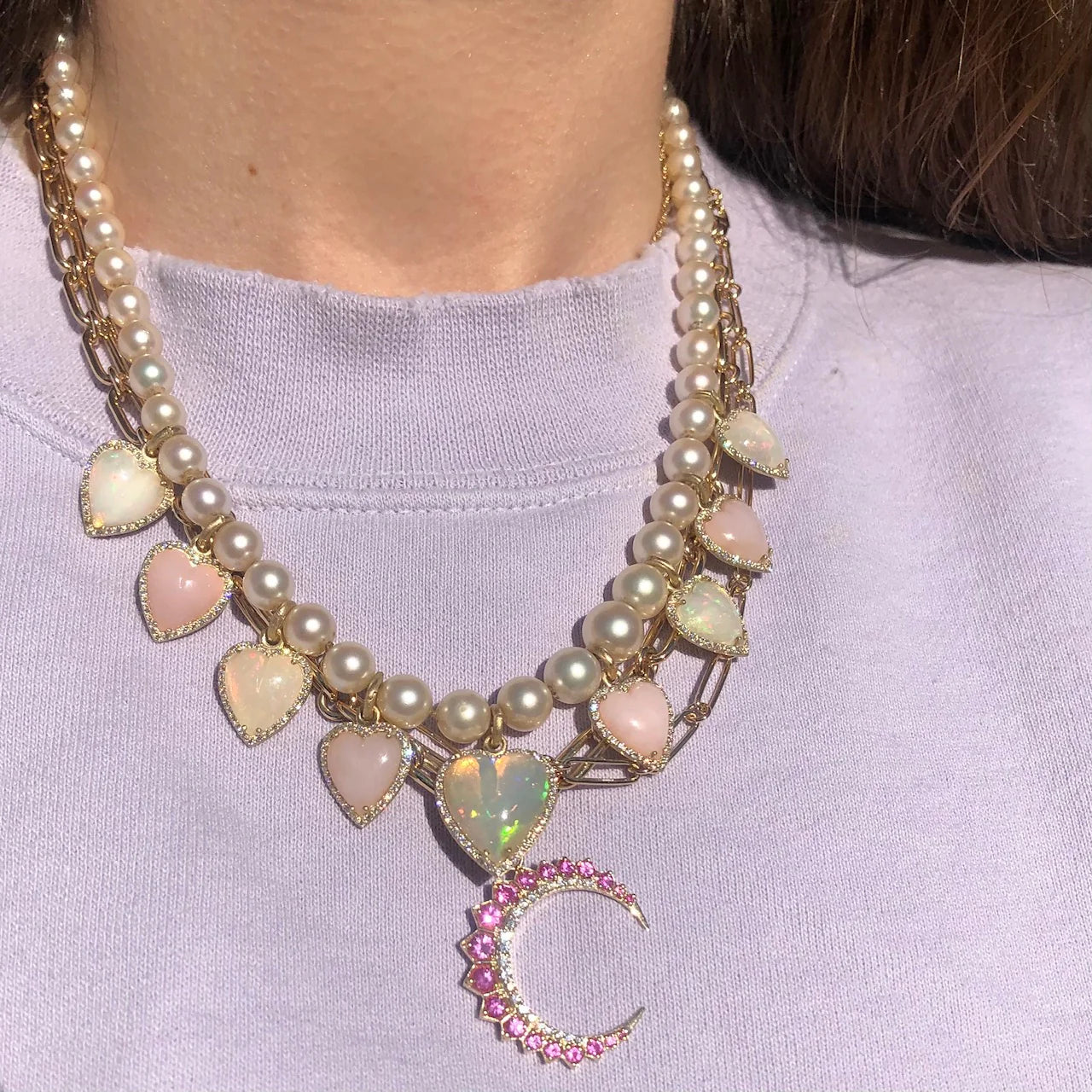 Pink Sapphire Estelle Crescent Charm in Yellow Gold