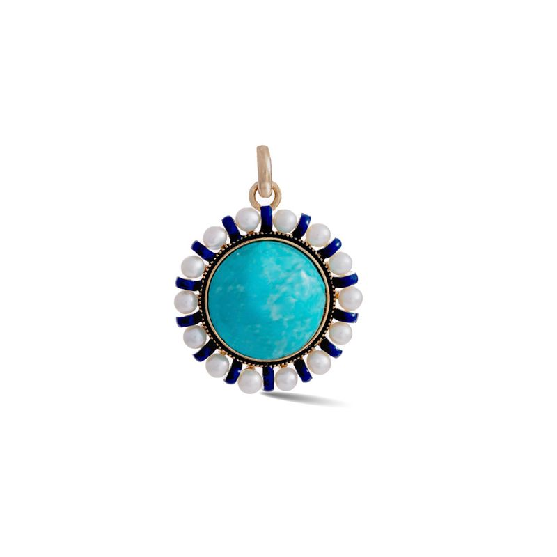 Turquoise and Pearl Libby Charm in Yellow Gold
