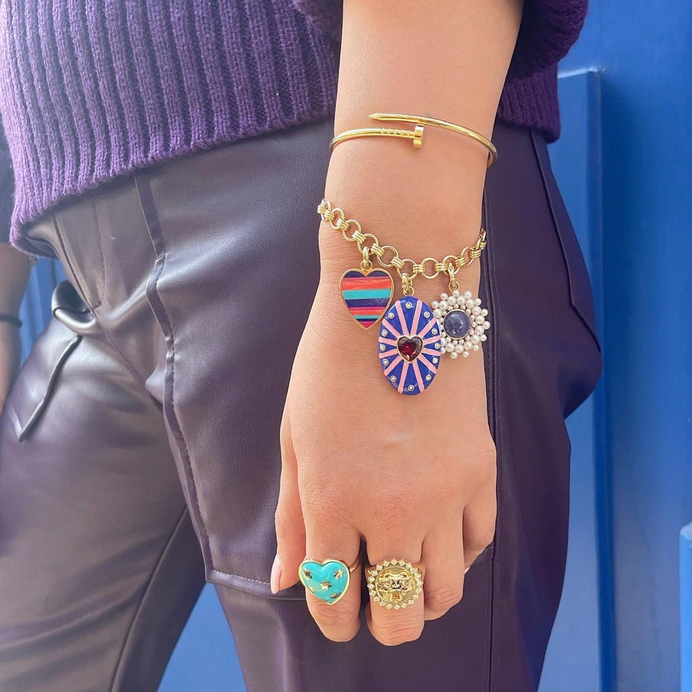 Garnet and White Pearl Eleanor Charm in Yellow Gold