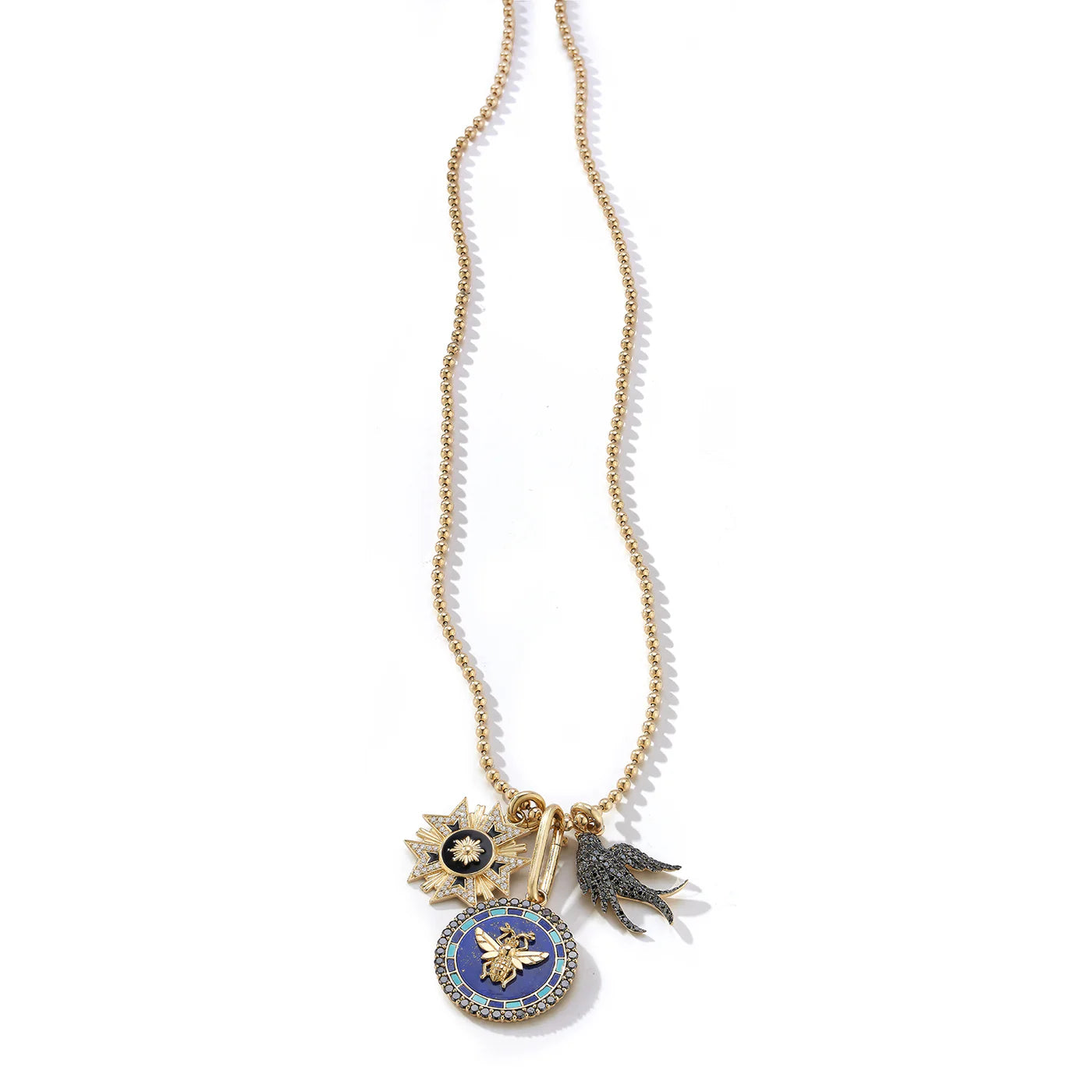 Lapis and Black Diamond Madelline Bee Medallion in Yellow Gold