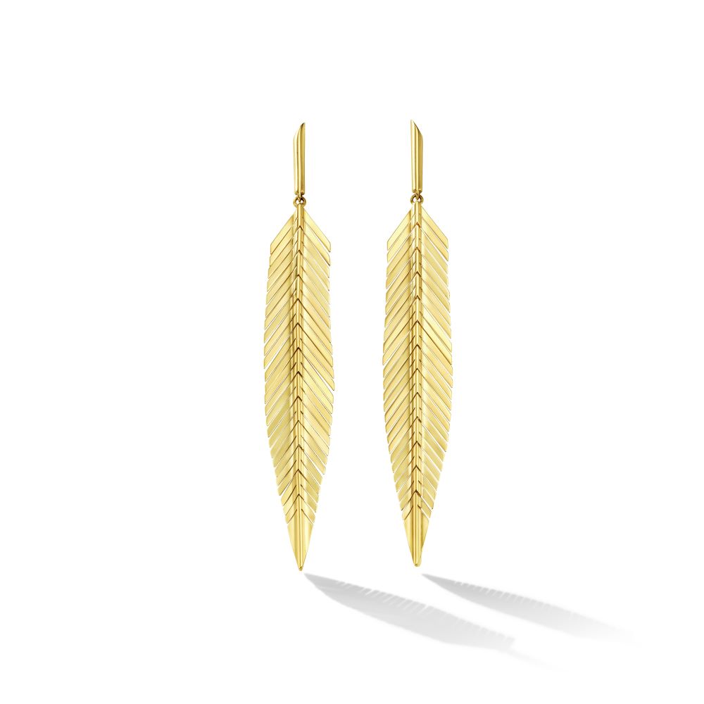 Medium Cadar Feather Drop Earrings in 18k yellow gold on a white background.