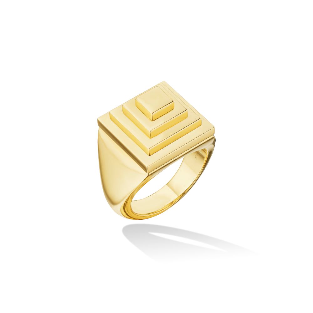 A yellow gold Cadar Foundation Pyramid Ring with a square design, suitable as a pinky ring.