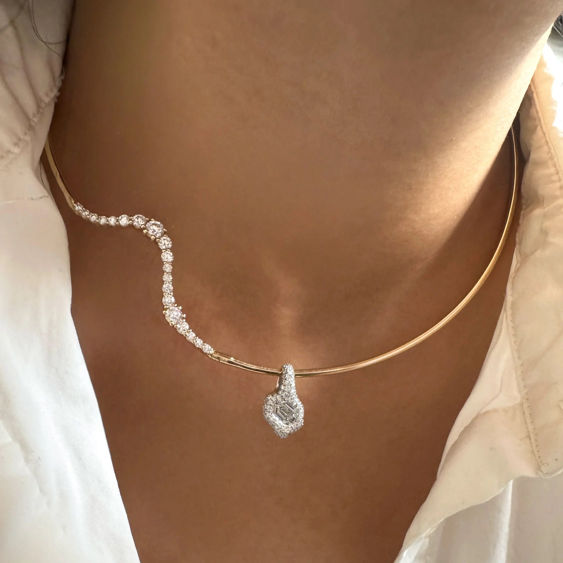 Hexagonal Cut White Diamond Fade Pendant in White Gold