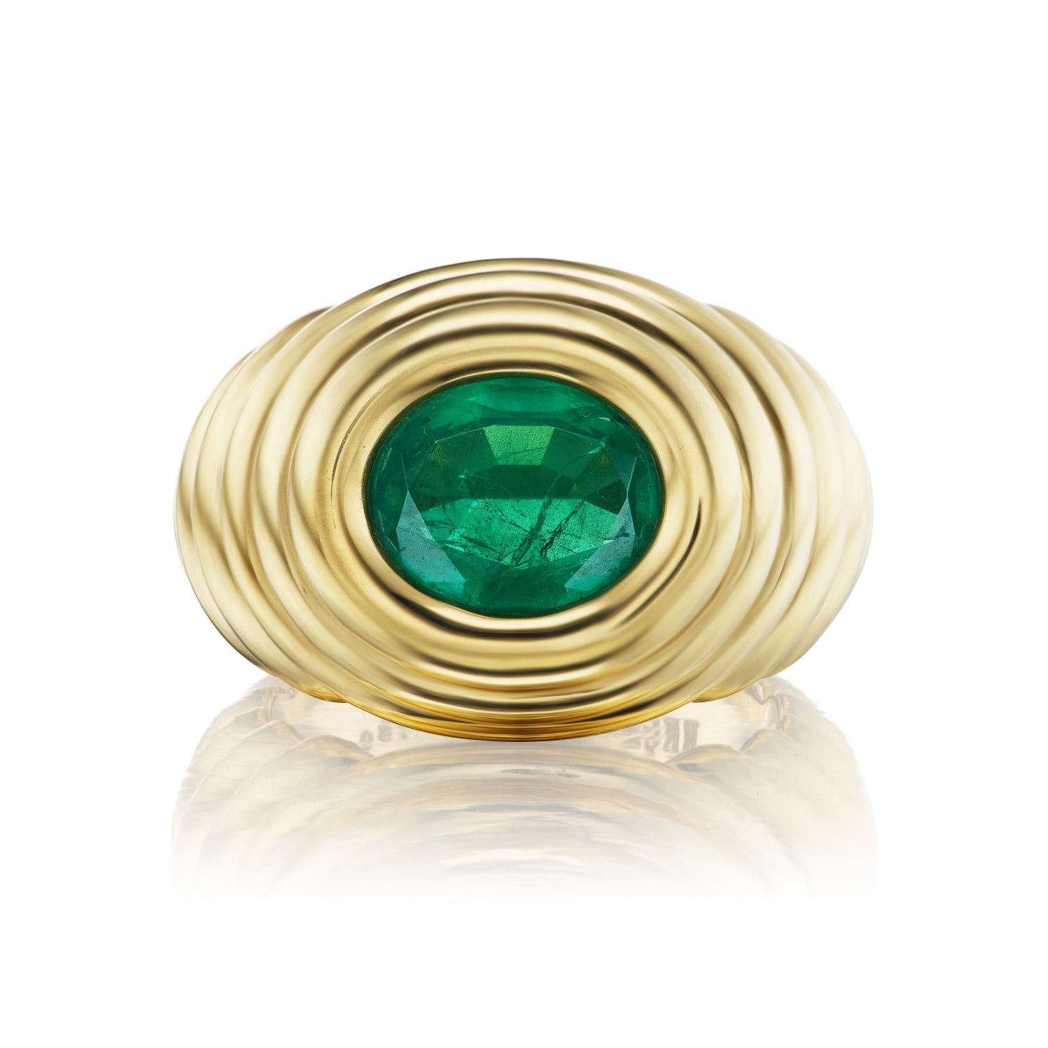 Large Brazilian Oval Shaped Emerald Ripple Pinky Ring in Yellow Gold