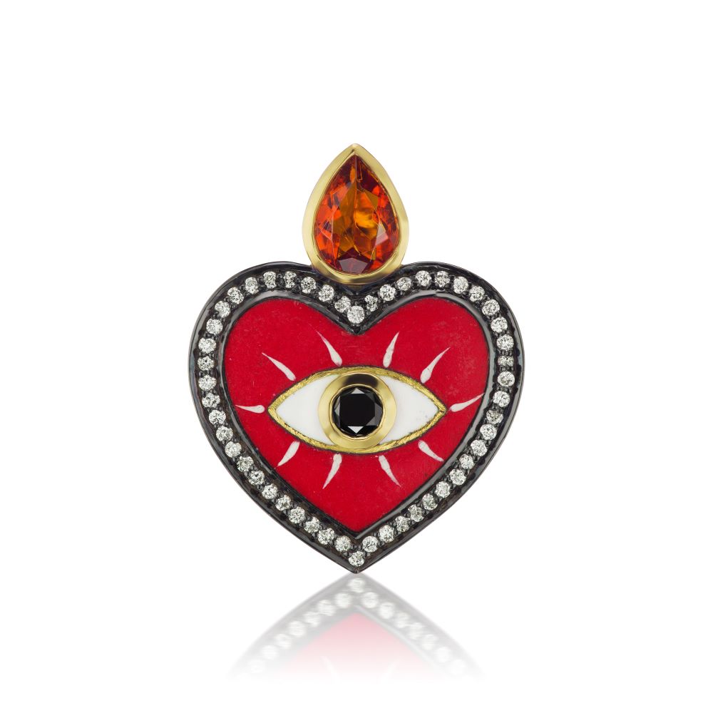 Citrine Diamond Evil Eye Heart Charm