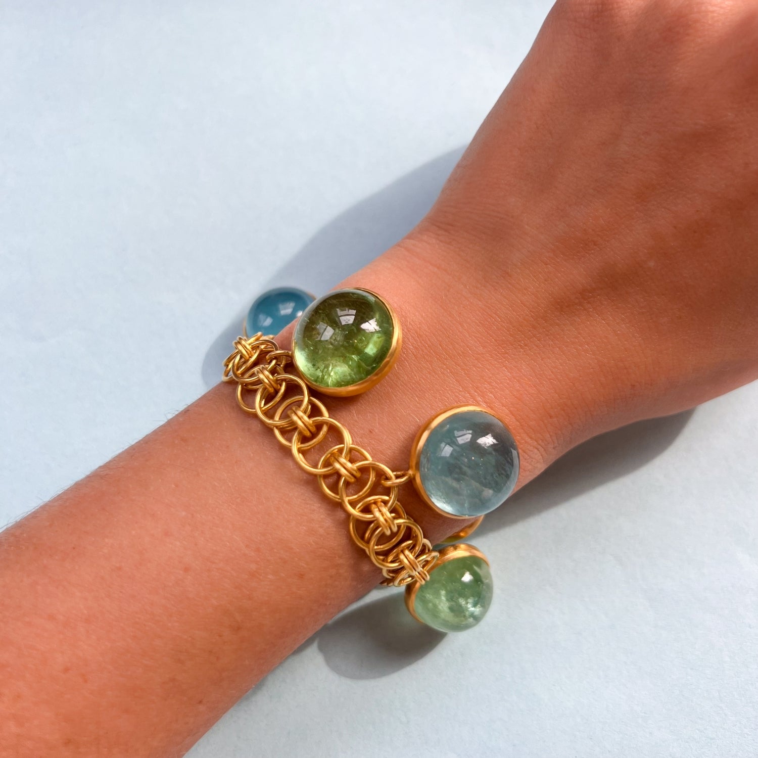 Aquamarine and Tourmaline Cabochan Charm Bracelet