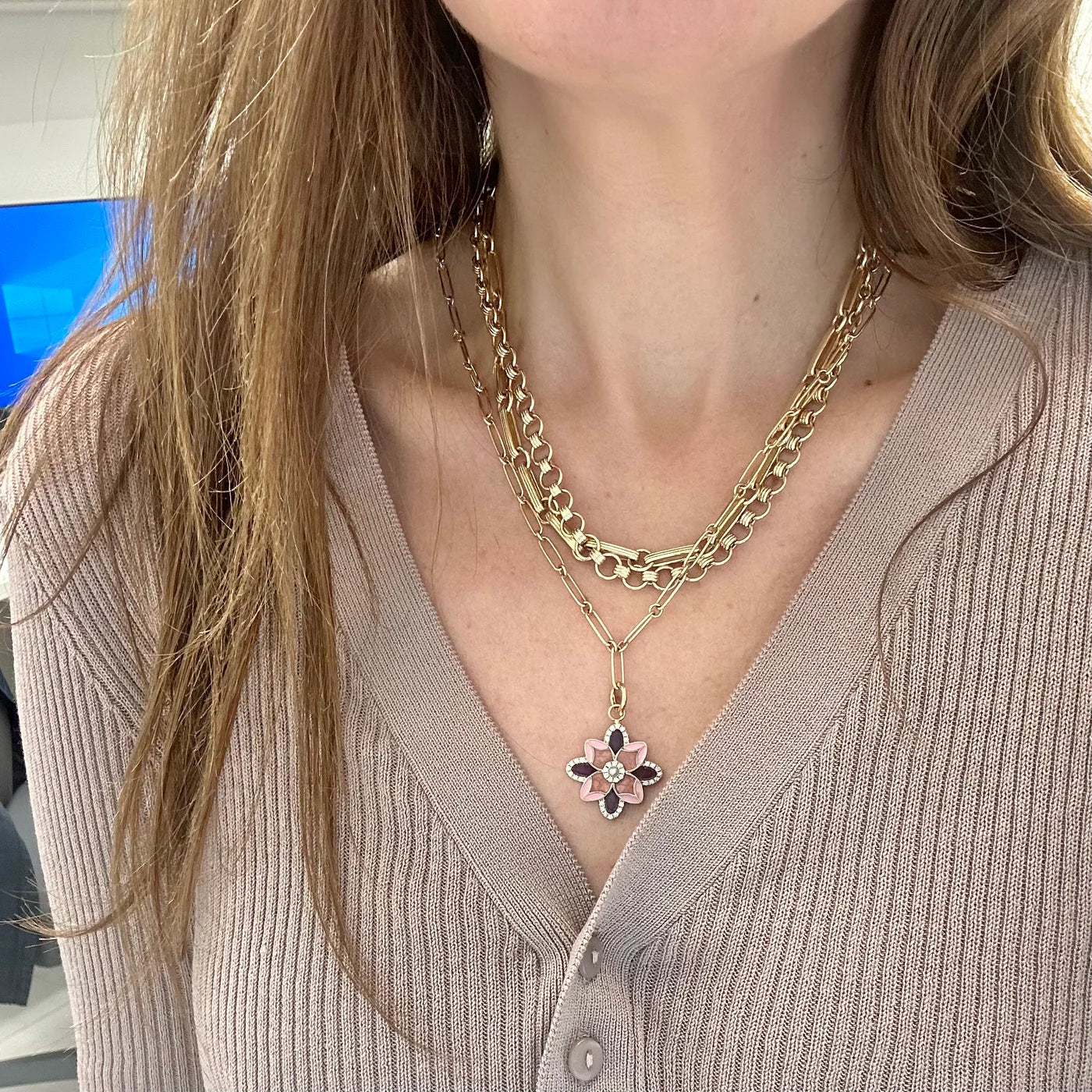 Rubellite and Rhodochrosite Violet Flower Charm in Yellow Gold