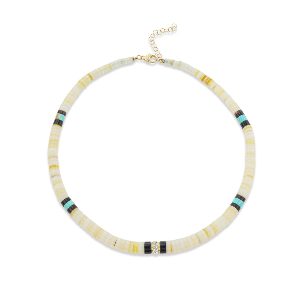 Heishi Bead Necklace Diamond White and Turquoise