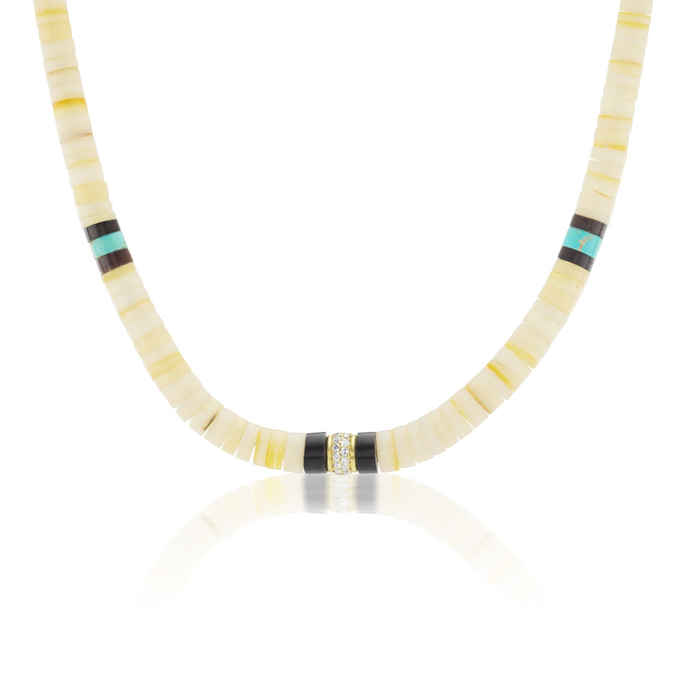 Heishi Bead Necklace Diamond White and Turquoise