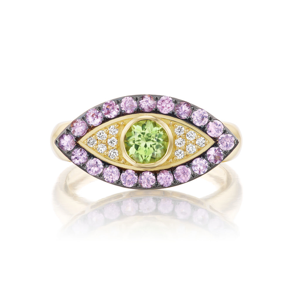 Pink Sapphire and Peridot Evil Eye Ring