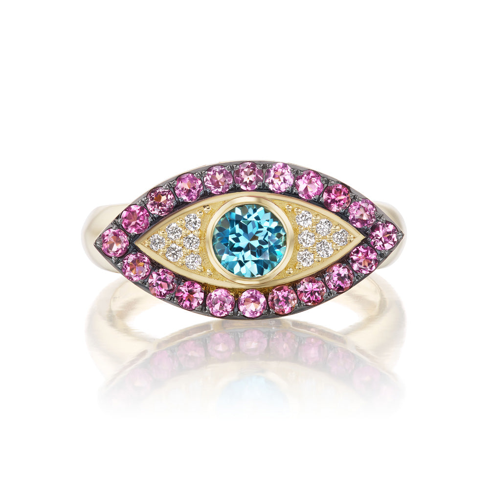 Pink Tourmaline and Blue Topaz Evil Eye Ring