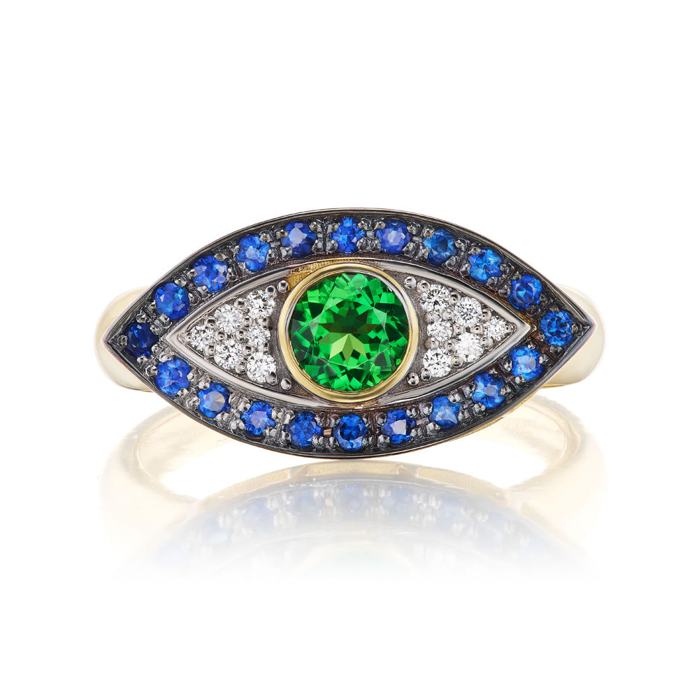 Blue Sapphire and Tsavorite Evil Eye Ring