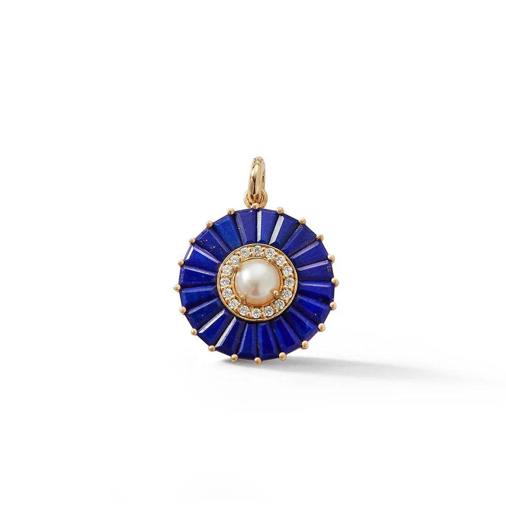 Lapis and White Pearl Emily Charm in Yellow Gold