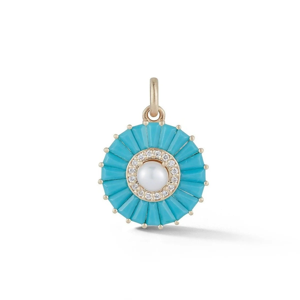 Turquoise and White Pearl Emily Charm in Yellow Gold