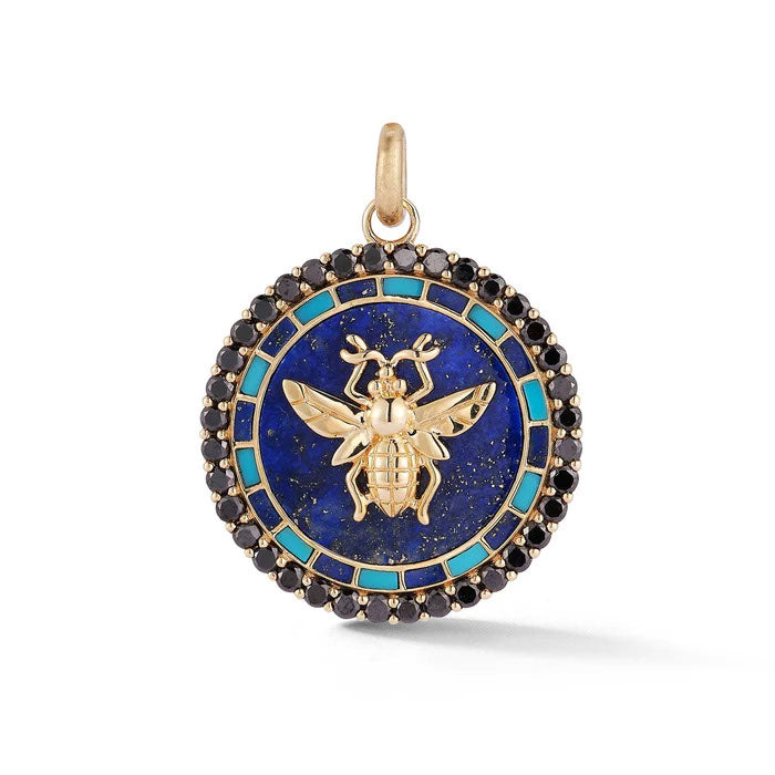 Lapis and Black Diamond Madelline Bee Medallion in Yellow Gold