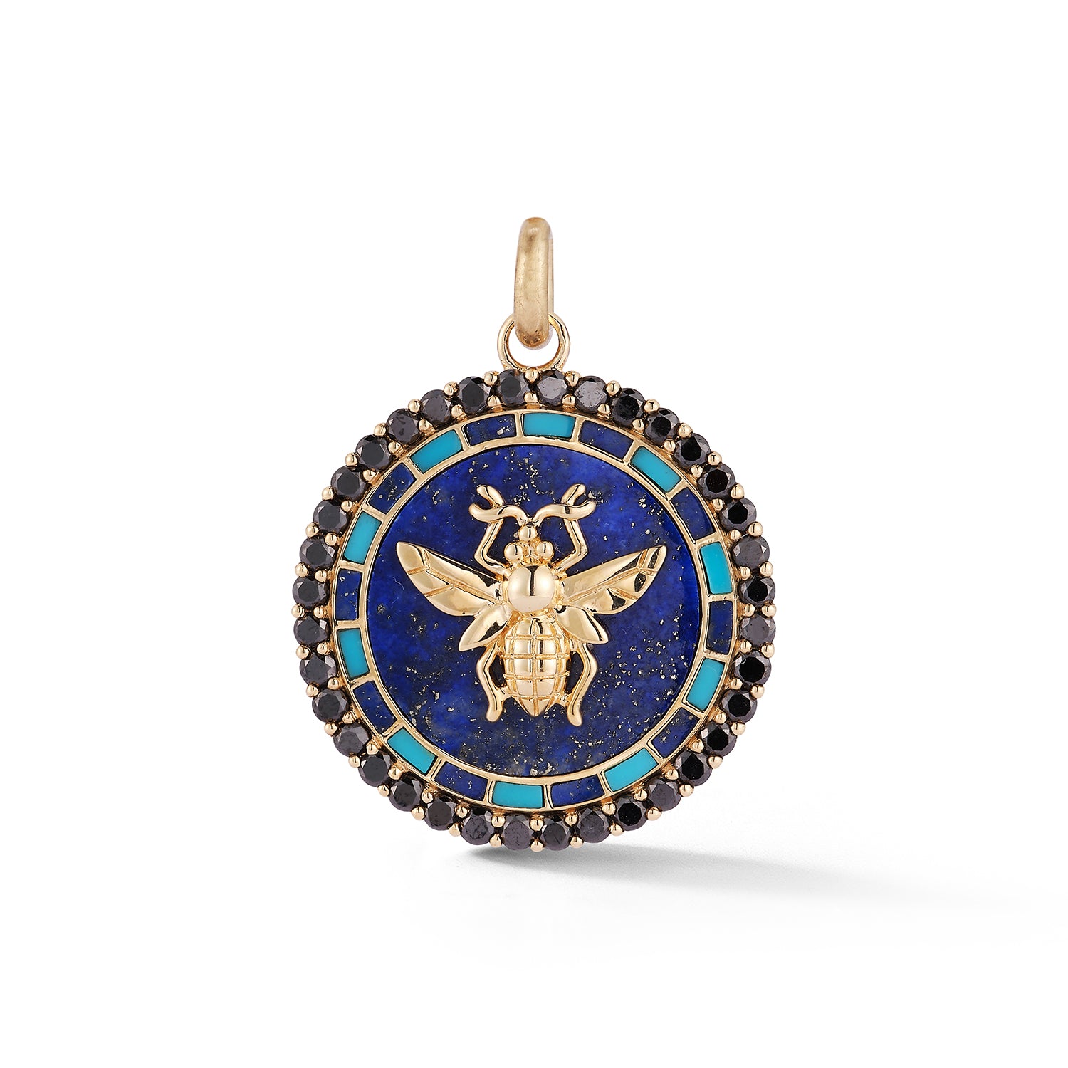 Lapis and Black Diamond Madelline Bee Medallion in Yellow Gold