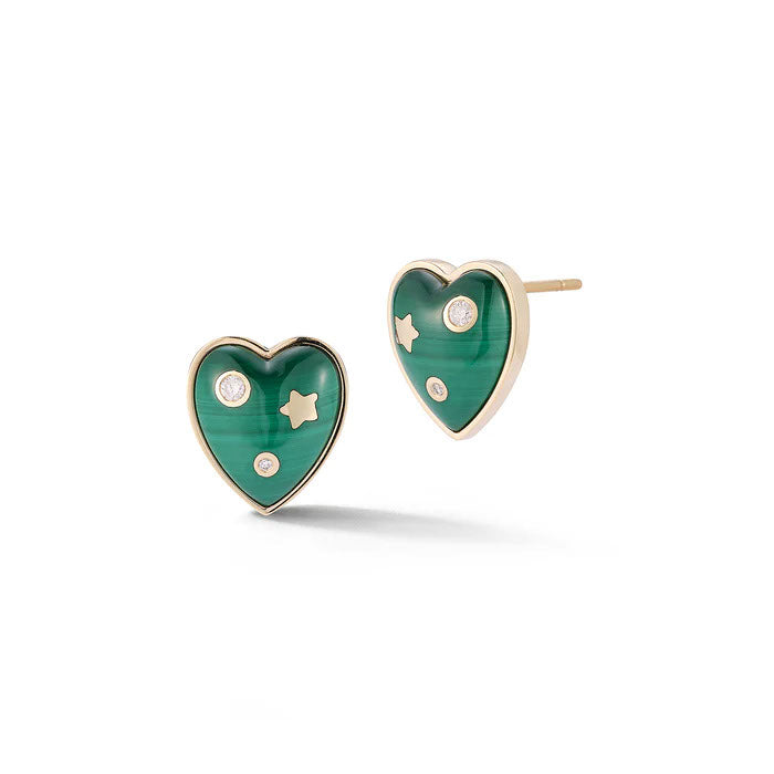 Malachite and White Diamond Heart Stud Earring in Yellow Gold