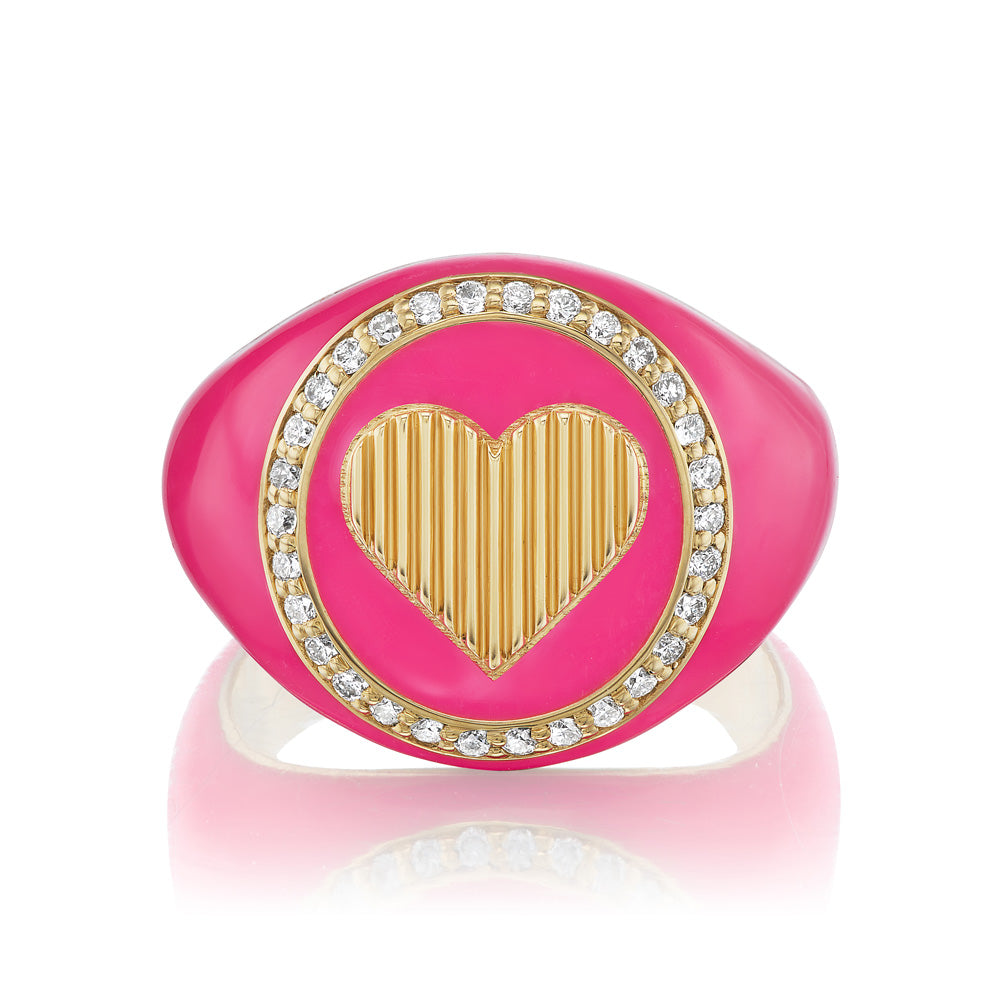 A pink enamel Heart Signet Ring adorned with white diamonds, featuring a yellow gold heart by KWIT.