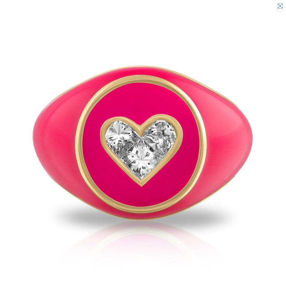 White Diamond Heart Signet Ring in Yellow Gold