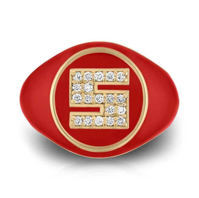 Pavé White Diamond Letter Signet Ring in Red Enamel and Yellow Gold