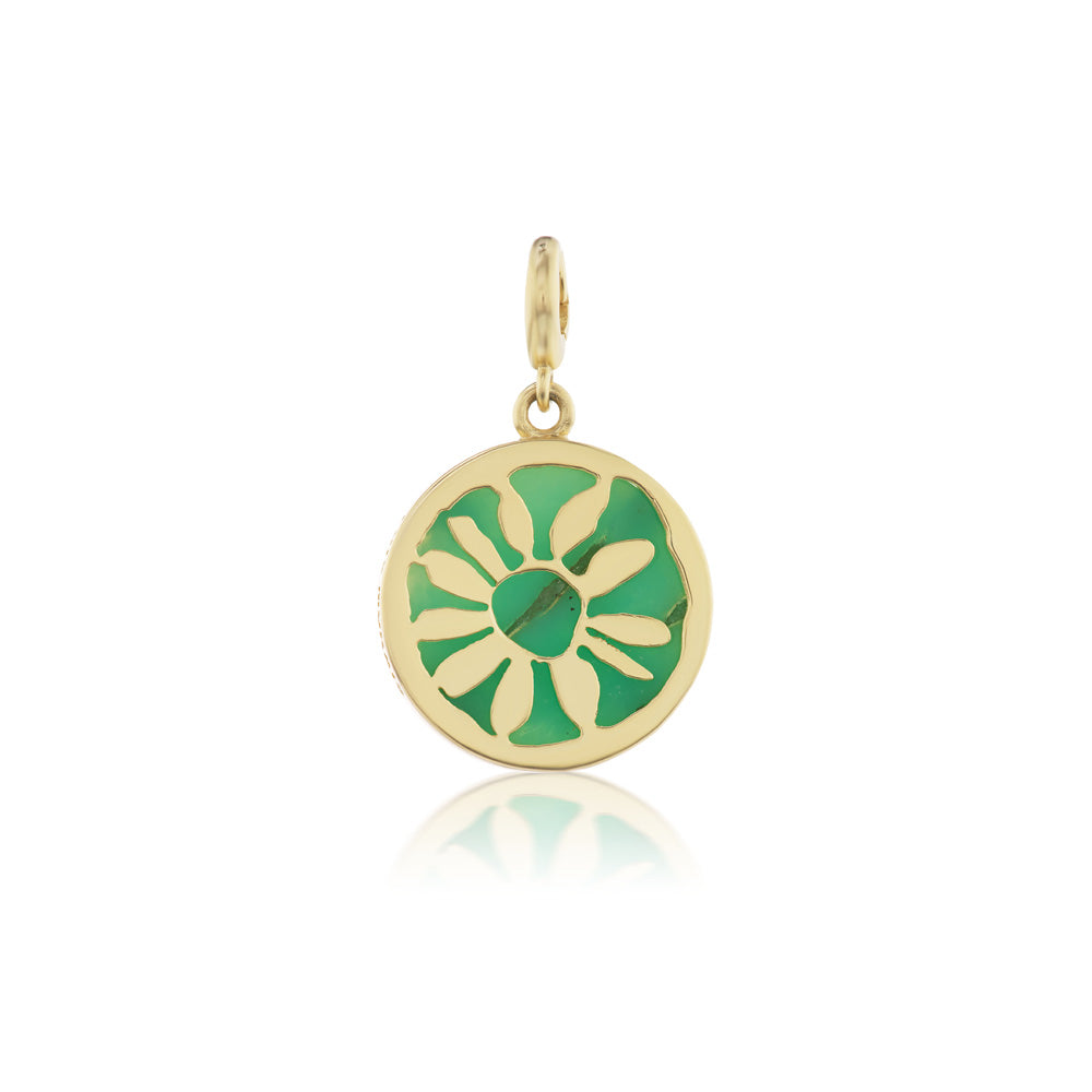 A Luis Morais Flower Medallion Charm with green enamel and 14k yellow gold.