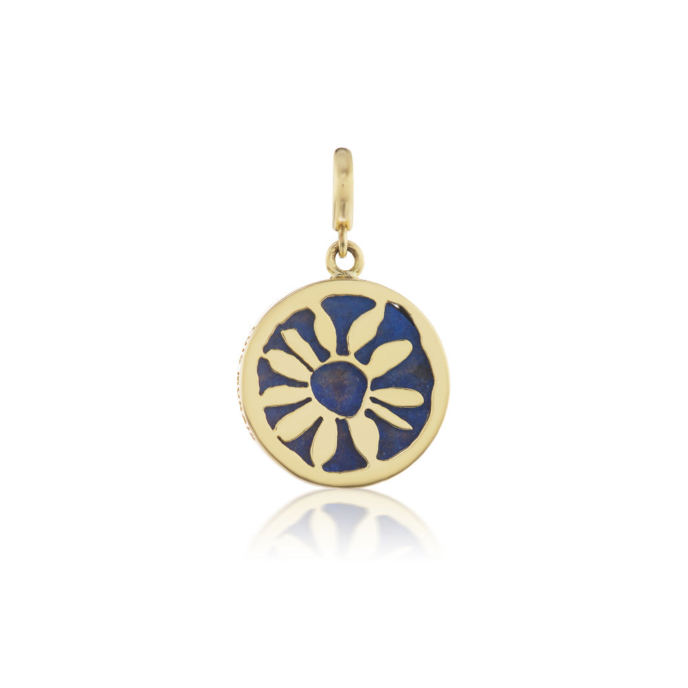 A Luis Morais yellow gold Flower Medallion Charm with blue enamel and 14k yellow gold.