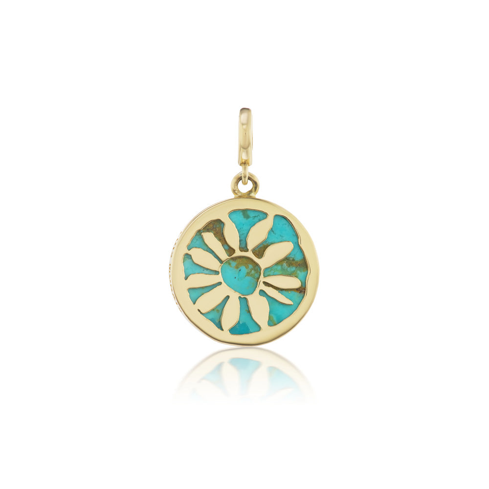 A gold-plated pendant with a Luis Morais flower medallion charm in the center.