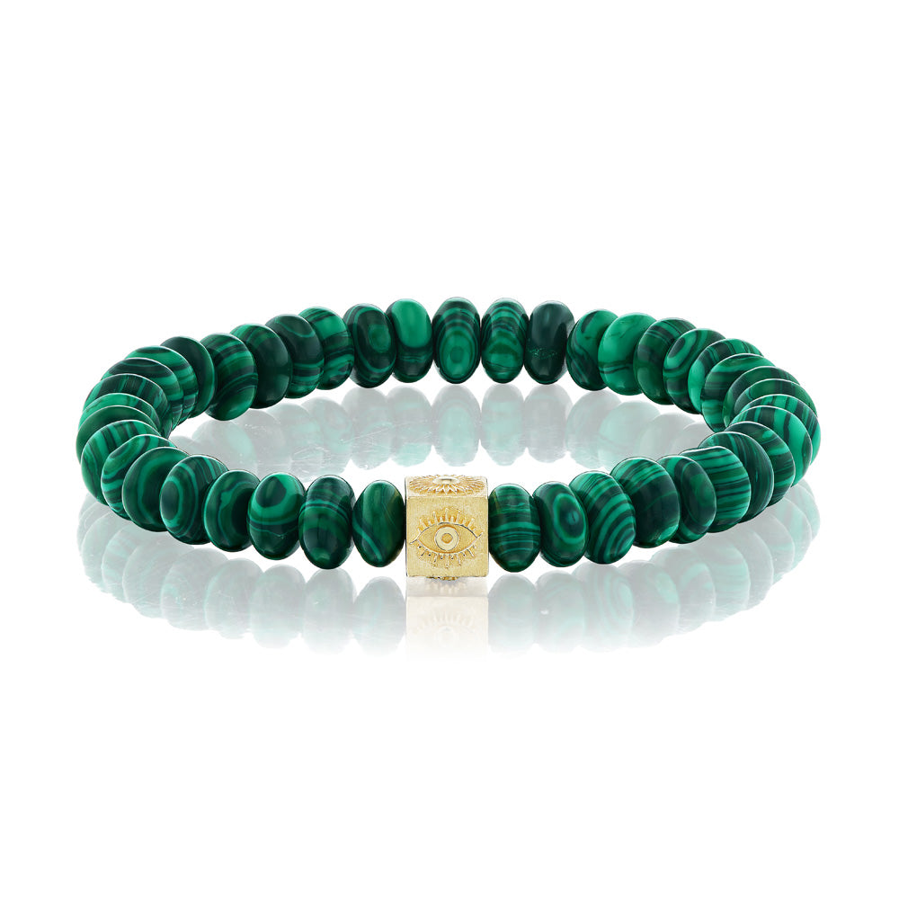 A Beaded Cube Bracelet with a green malachite stone and a yellow gold bead by Luis Morais.