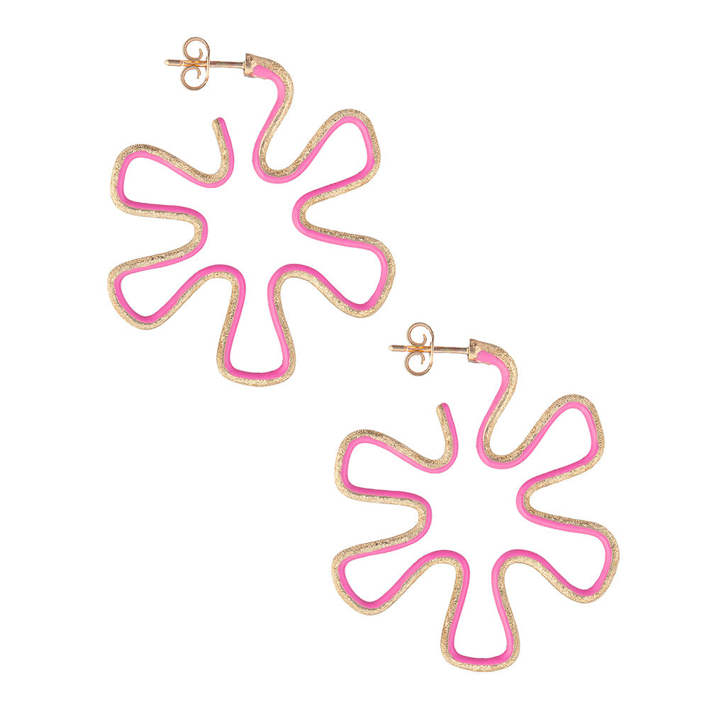 A pair of Bea Bongiasca Brushed Diamond Flower Hoop Earrings with enamel on a white background.