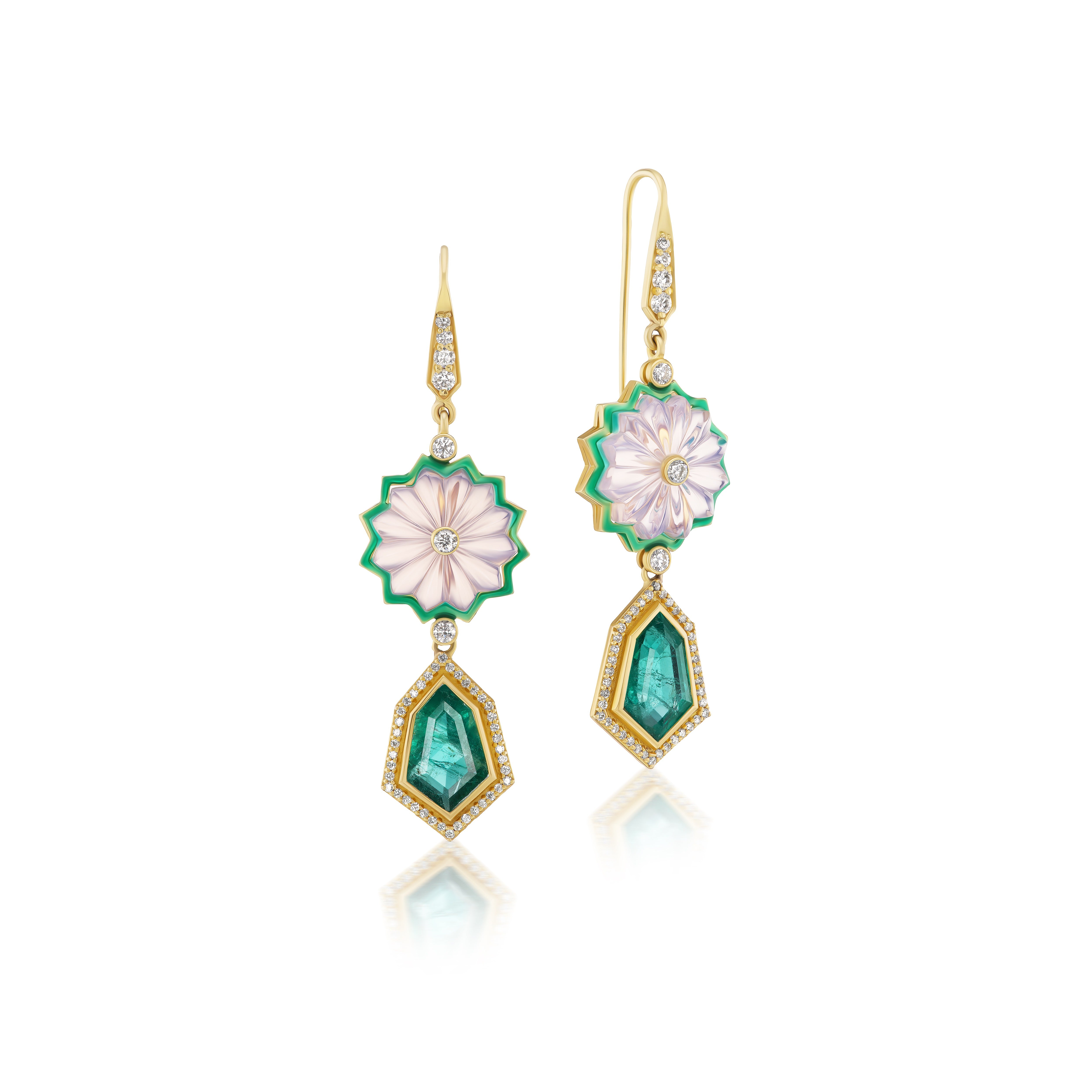 Priti Please Earrings with Emerald, Diamond and Lavender Flower Stone in Yellow Gold