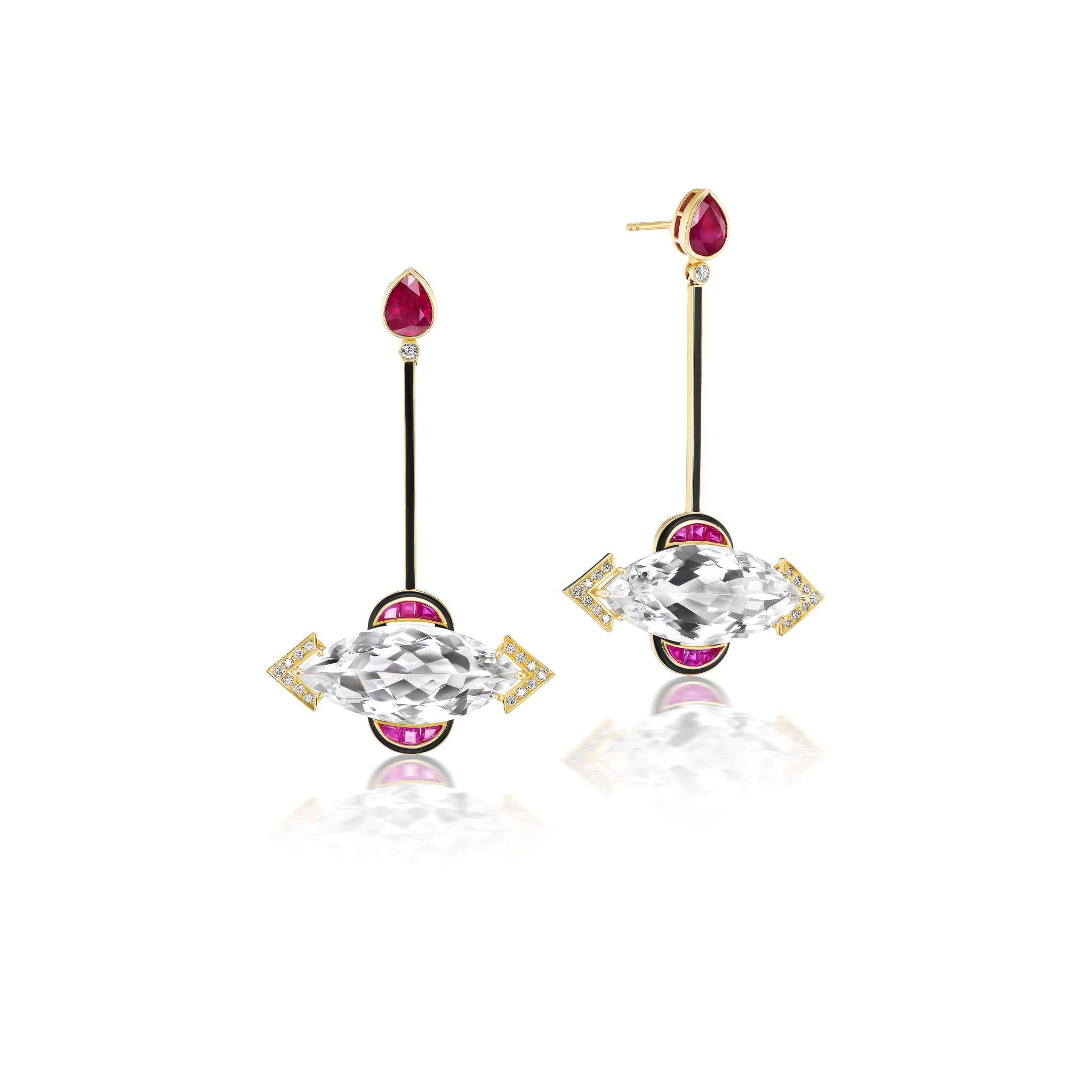 Intergalactic Earrings with Rubies, Diamonds and Crystal in Yellow Gold