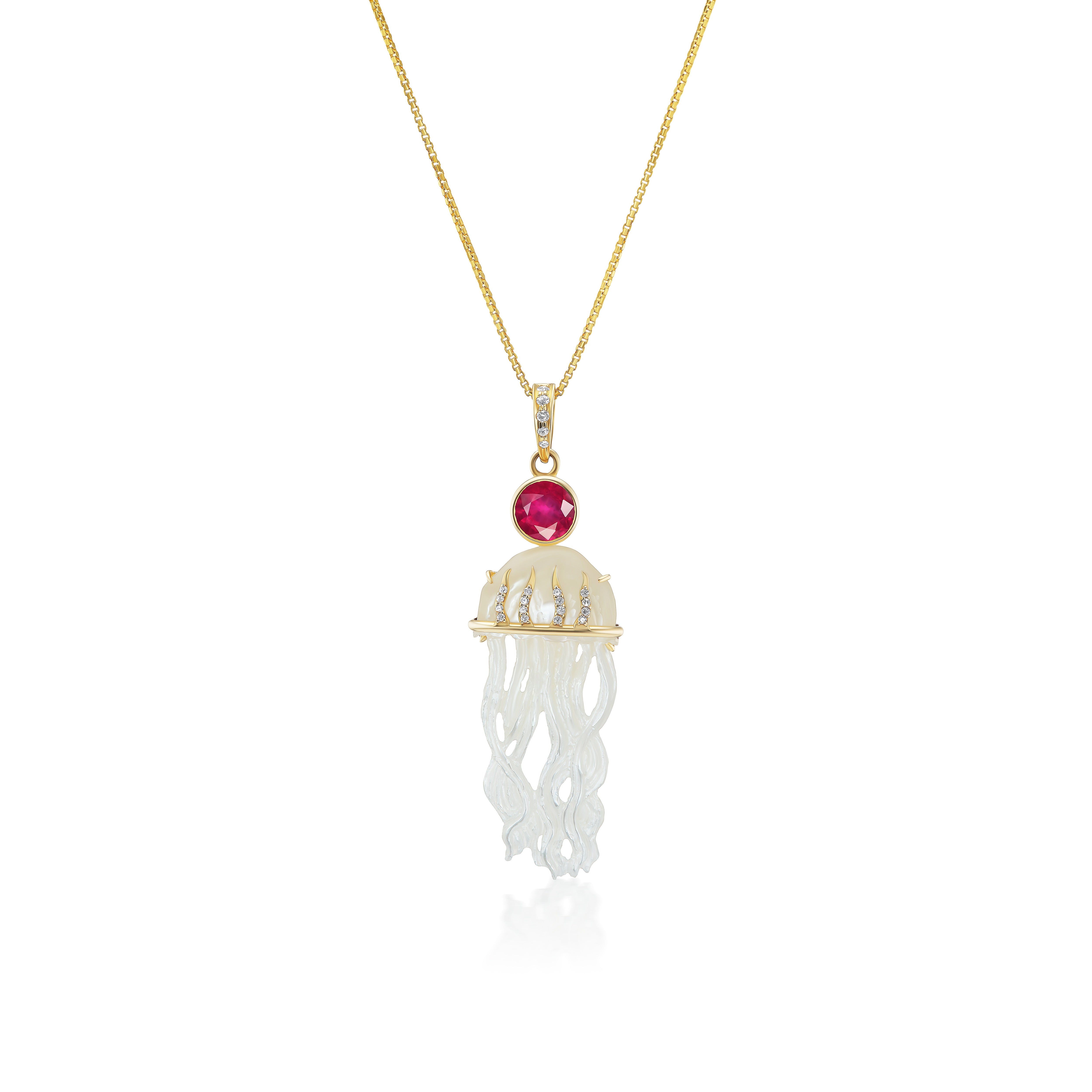 Jellyfish Pendant with Rubies, Diamonds and Pearls in Yellow Gold