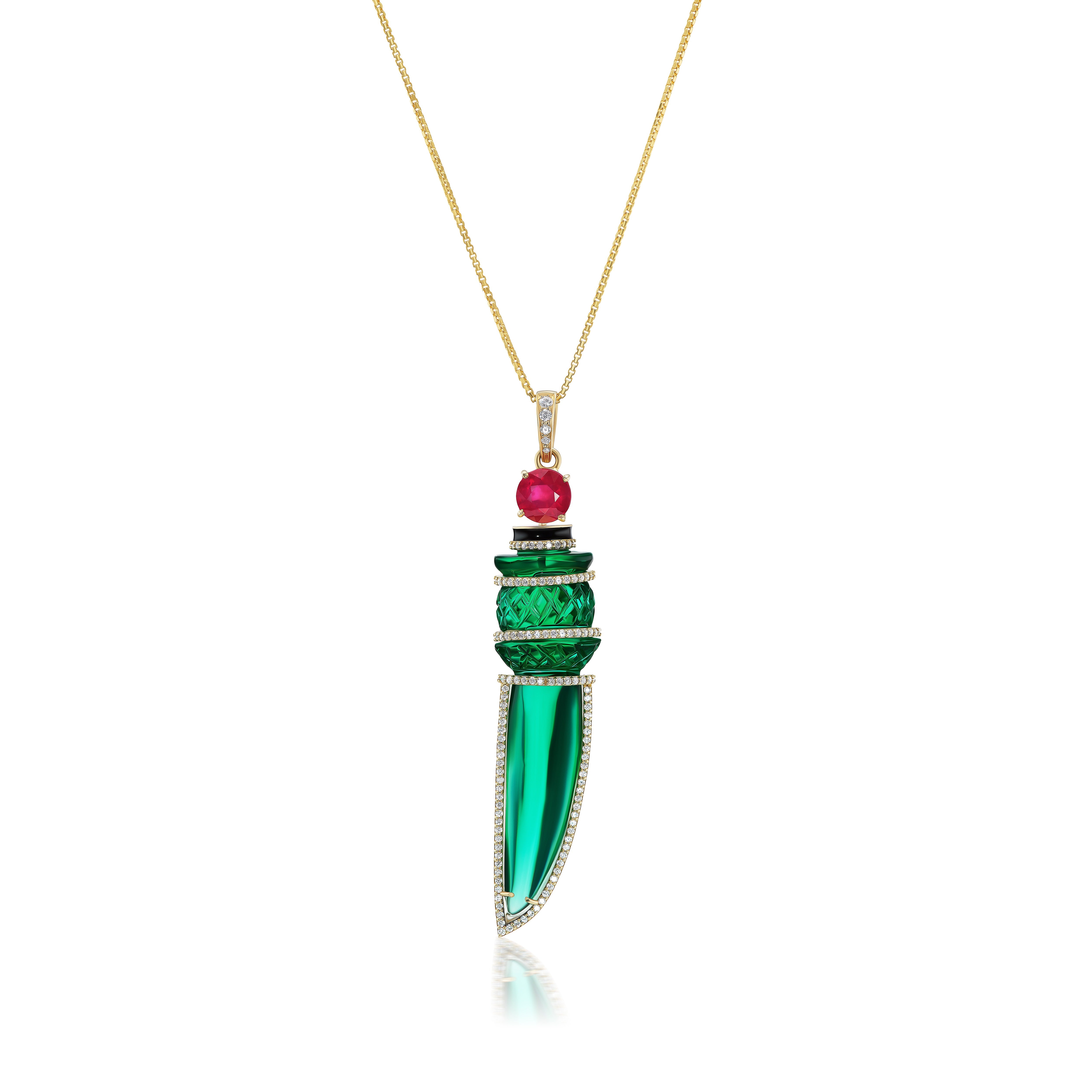 Green Drama Dagger Pendant with Diamonds, Rubies and Hydra in Yellow Gold