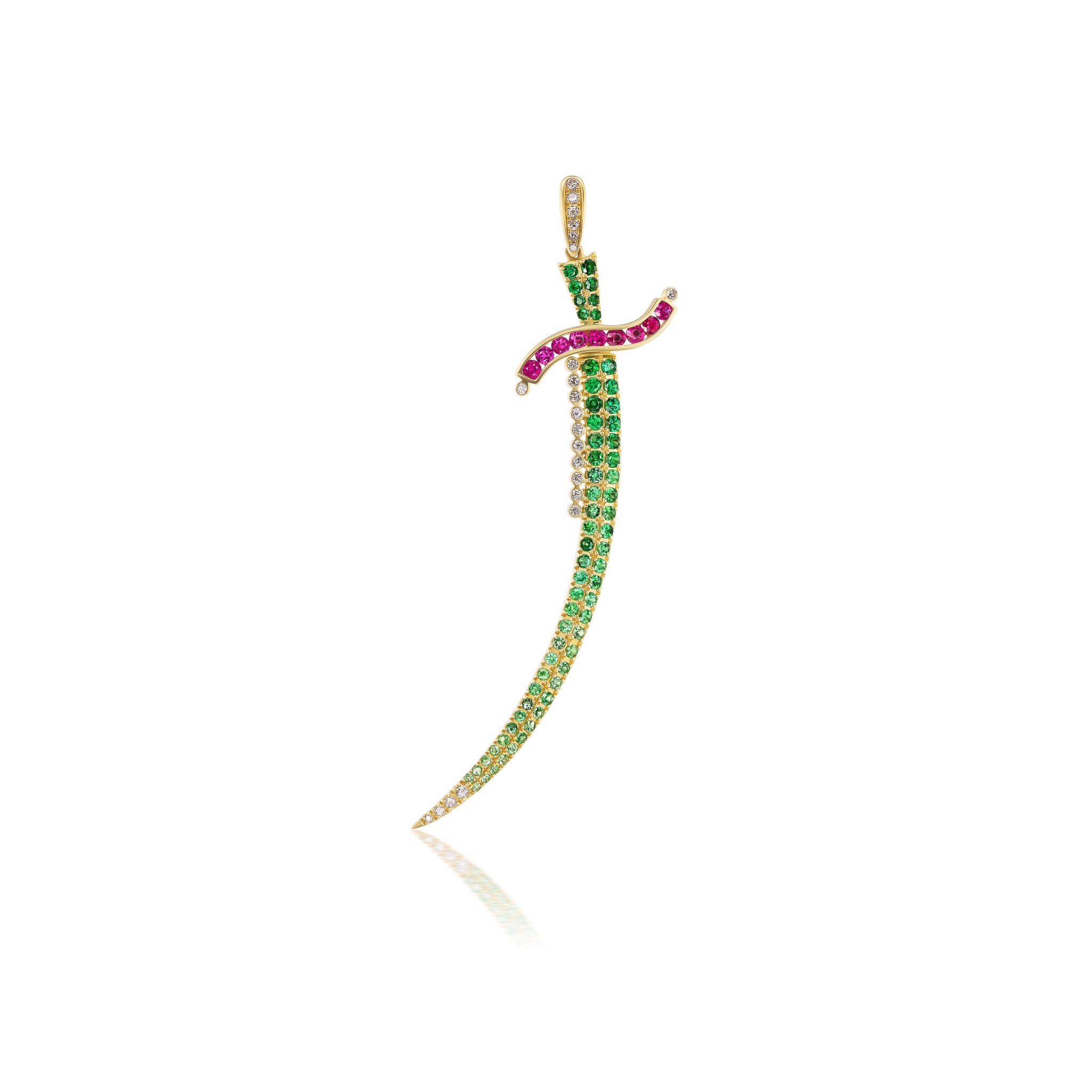 Red & Green Diamond Dagger Pendant with Tsavorites, Diamonds, and Rubies in Yellow Gold