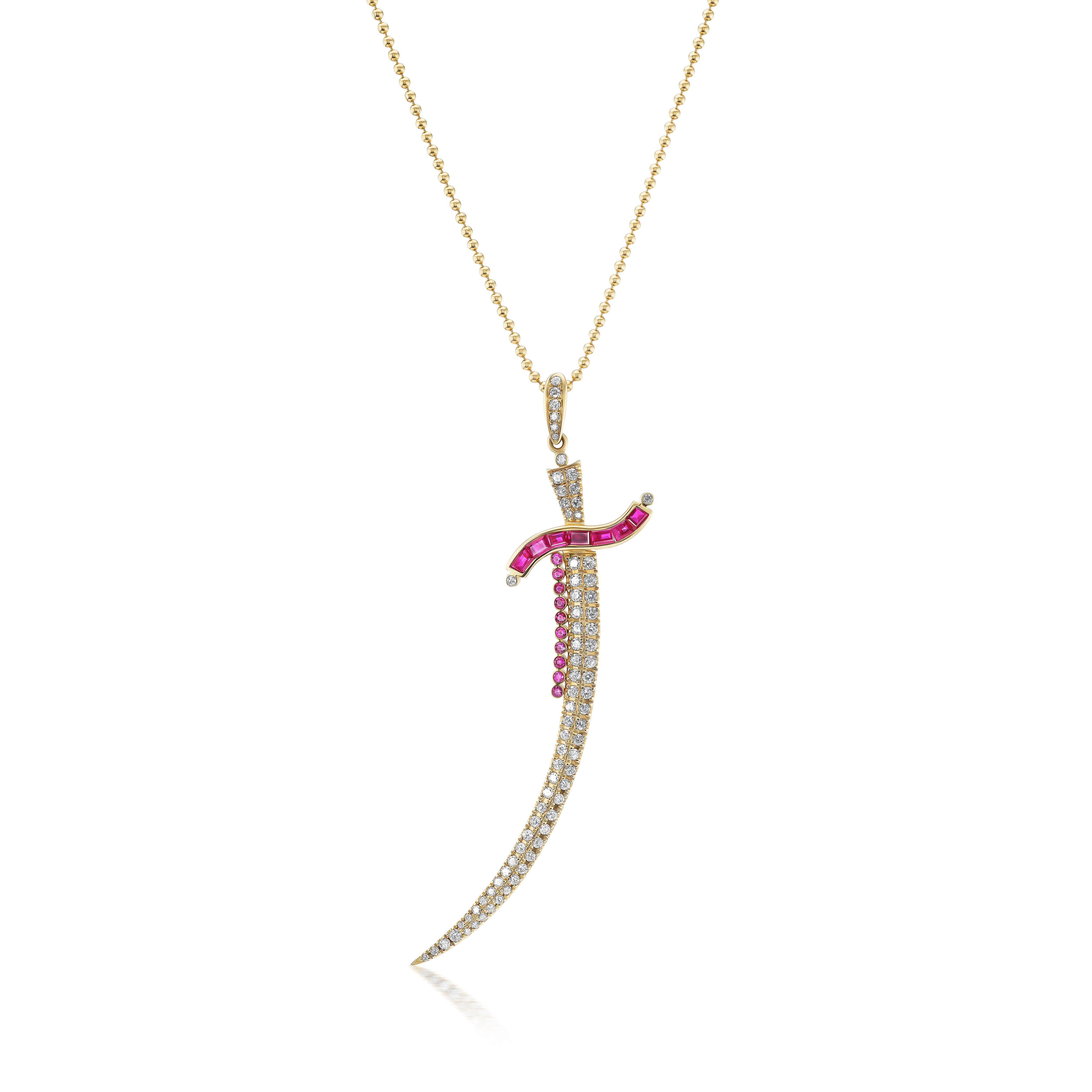 Ruby & Diamond Dagger Pendant with Diamonds and Rubies in Yellow Gold