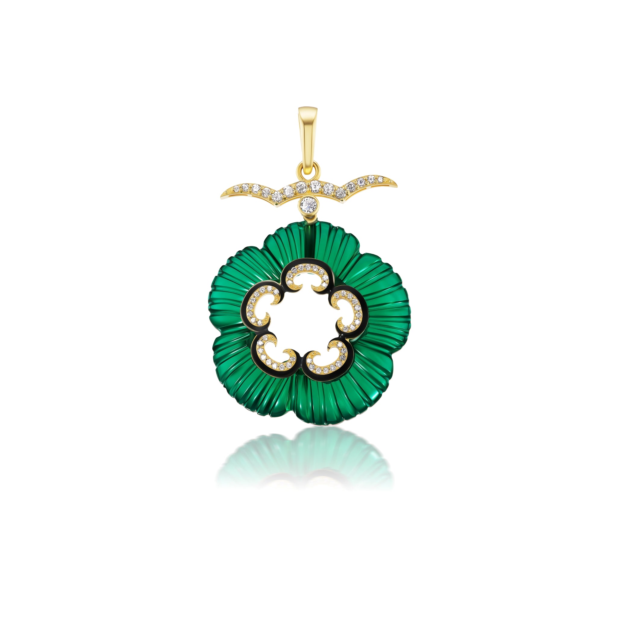 Asian Cloud Pendant with Diamonds and Green Stone in Yellow Gold