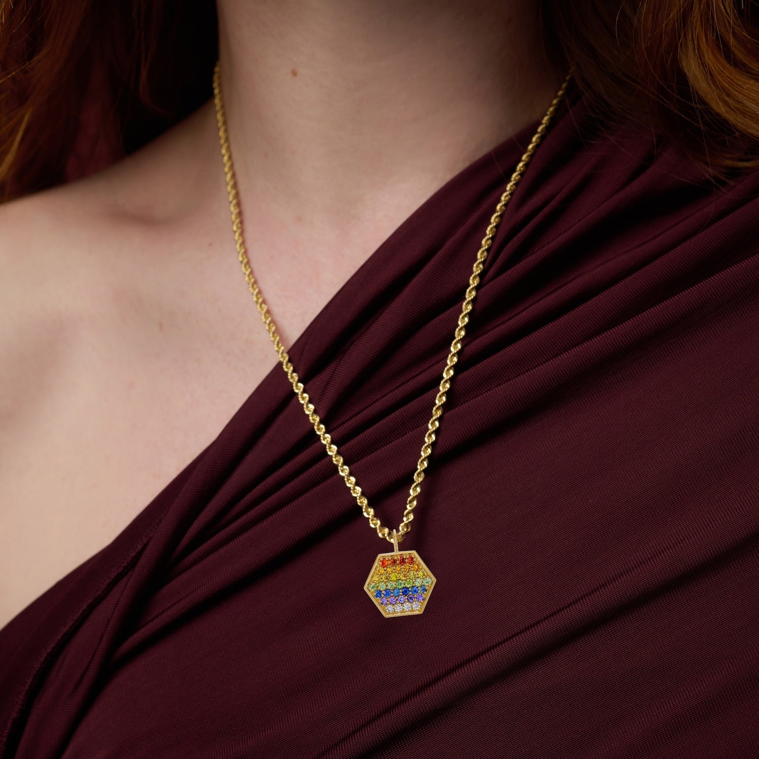 Rainbow Sapphire & Diamond Hexagon Charm