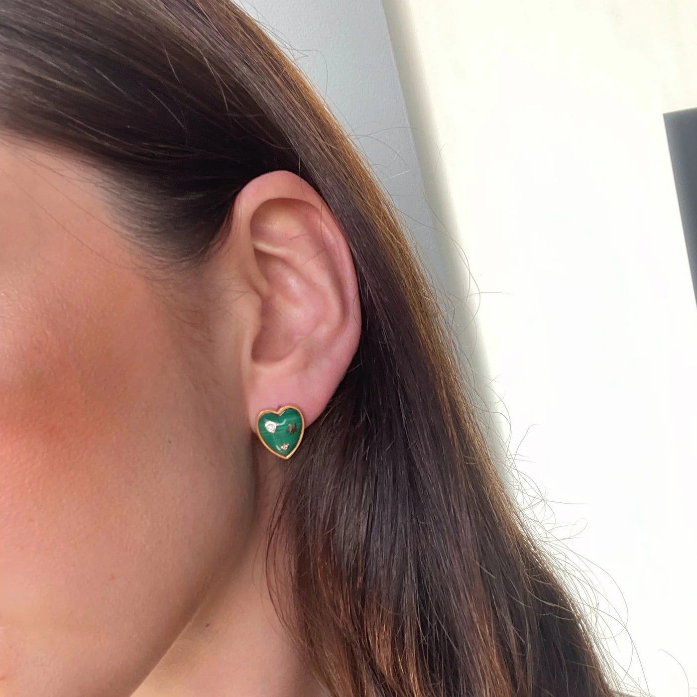 Malachite and White Diamond Heart Stud Earring in Yellow Gold