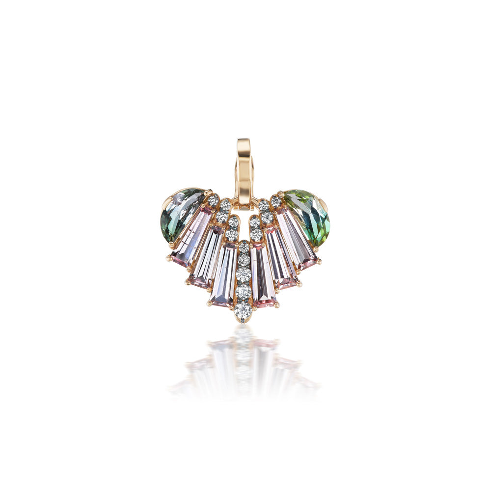 A Nak Armstrong heart pendant adorned with multi-colored crystals, including pink tourmaline and bi-color tourmaline.
