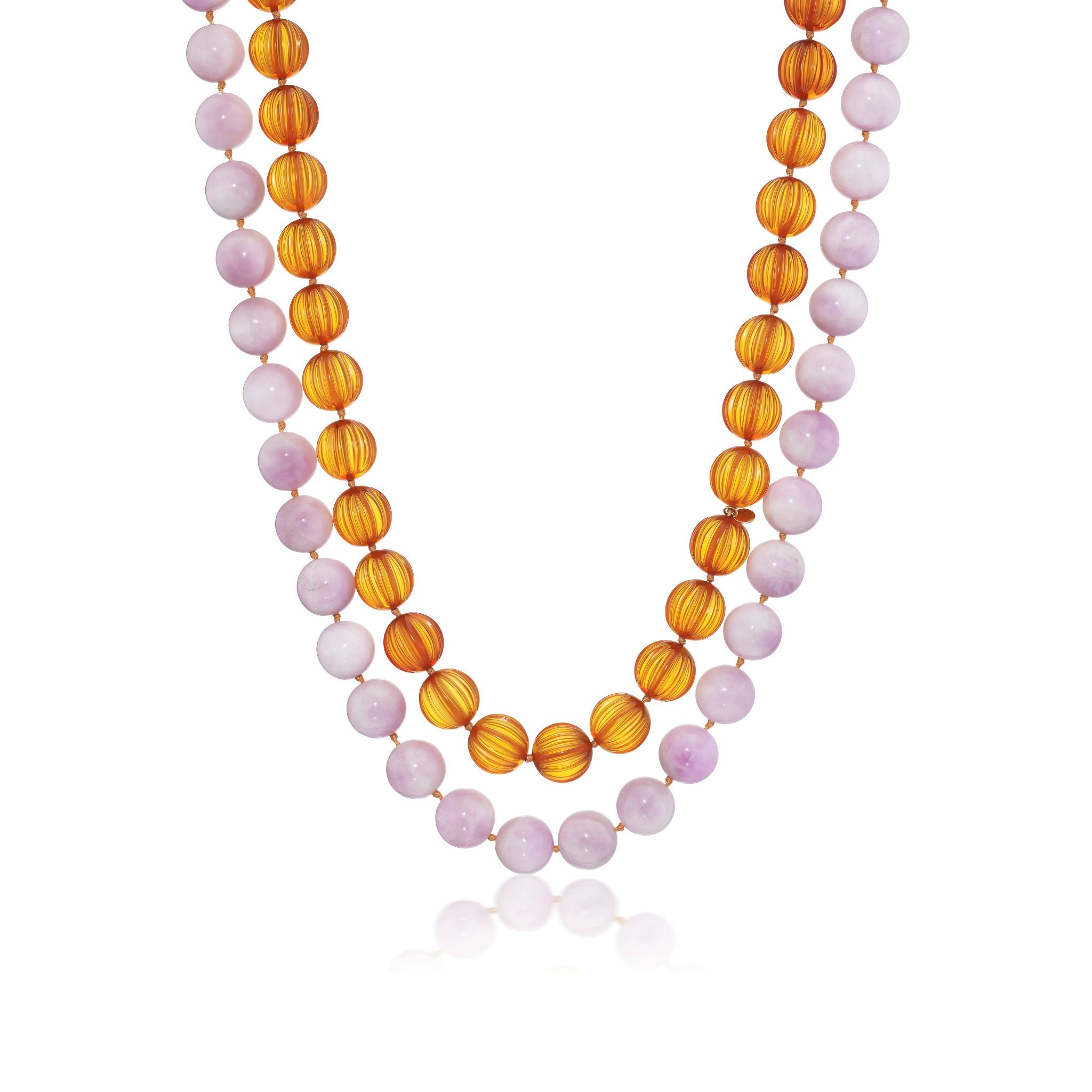 Mixed Beaded Kunzite and Antique Engraved Amber Necklace