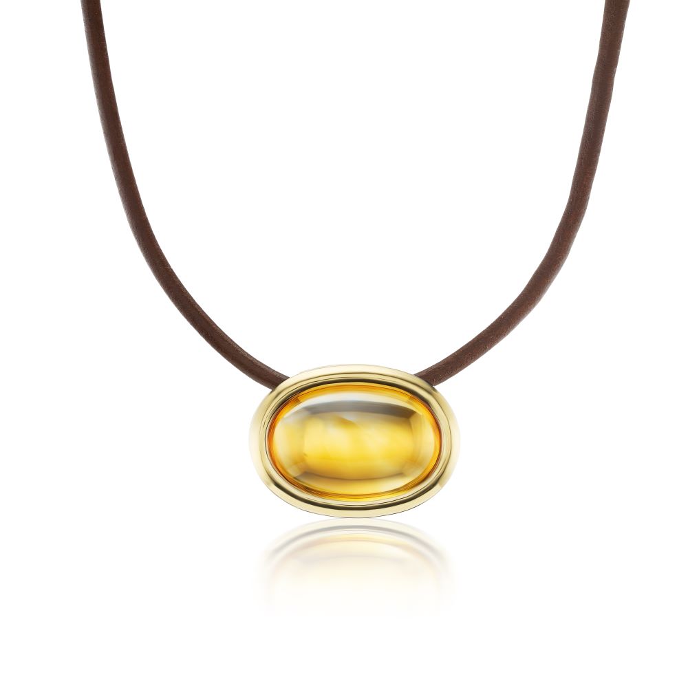 A Scuba Citrine Cabochon Choker Necklace with a yellow citrine stone on a brown leather cord by Beck.